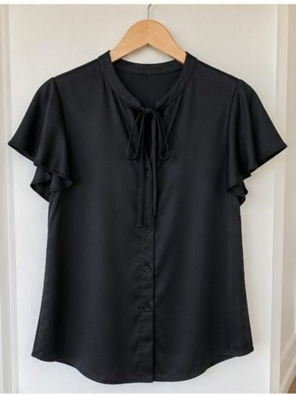 Black Ruffle Sleeve Tie-Neck Blouse